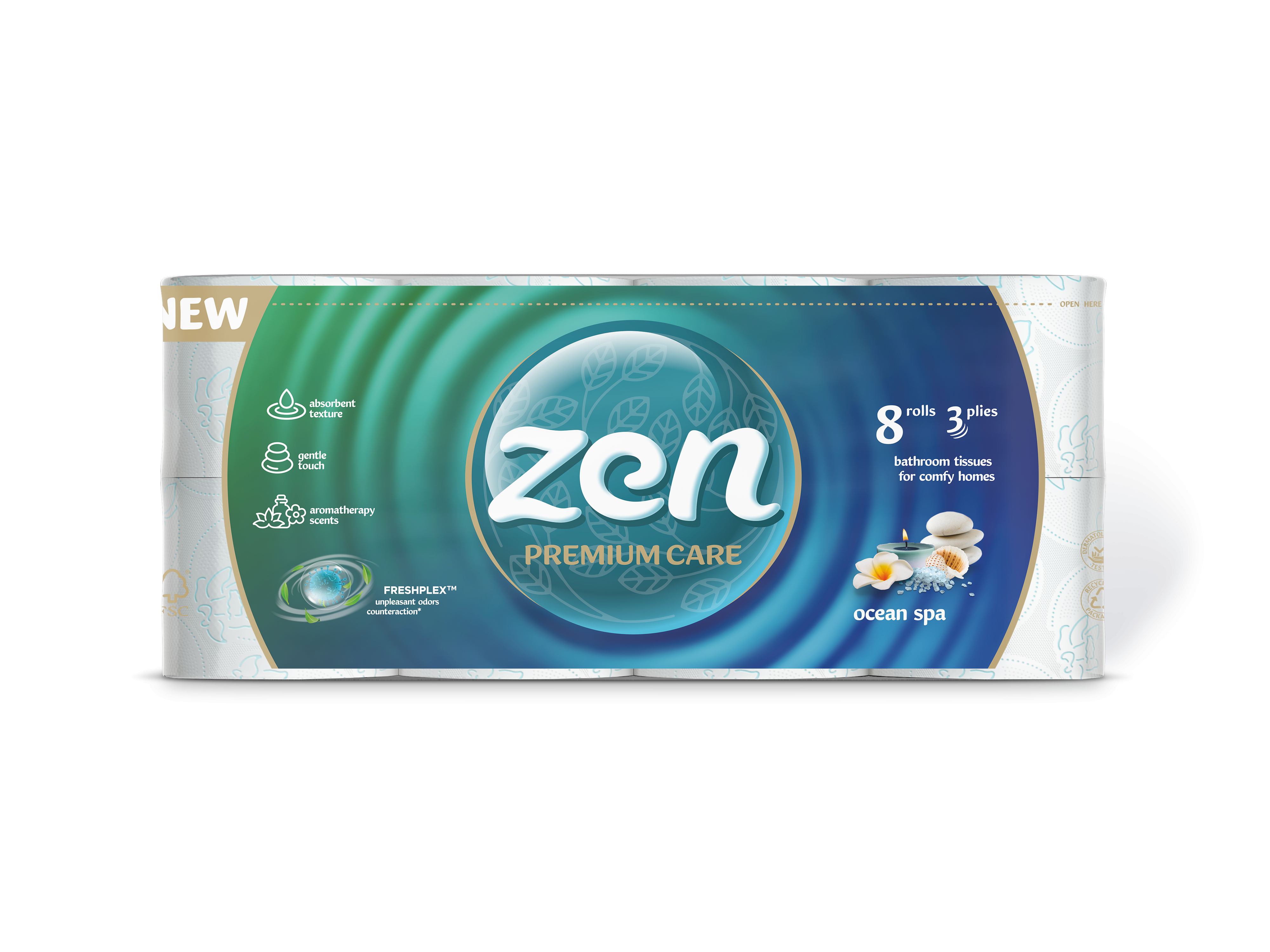 TOILET PAPER ZEN-PREMIUM CARE OCEAN SPA 3-PLY, 8 ROLLS, 145 SHEETS - 19M