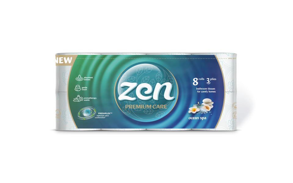 TOILET PAPER ZEN-PREMIUM CARE OCEAN SPA 3-PLY, 8 ROLLS, 145 SHEETS - 19M
