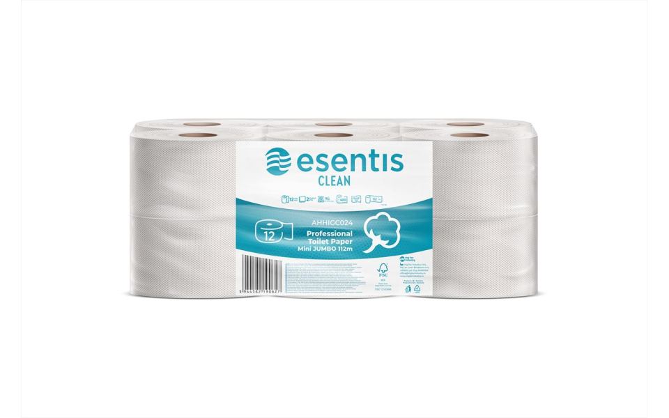 PROFESSIONAL TOILET PAPER ESENTIS-CARE MINI JUMBO 2-PLY, 12 ROLLS, 420 SHEETS - 84M