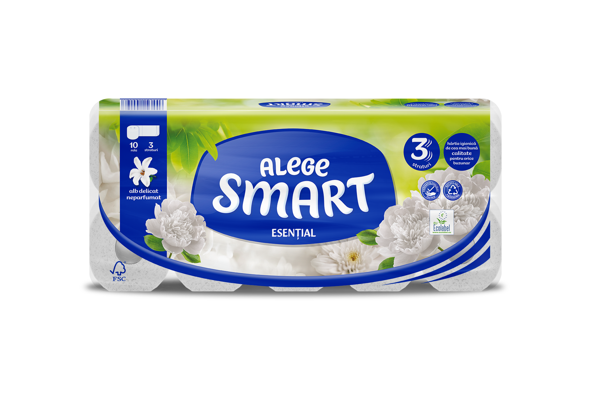 TOILET PAPER SMART-ESSENTIAL WHITE 3-PLY, 10 ROLLS, 120 SHEETS - 14M